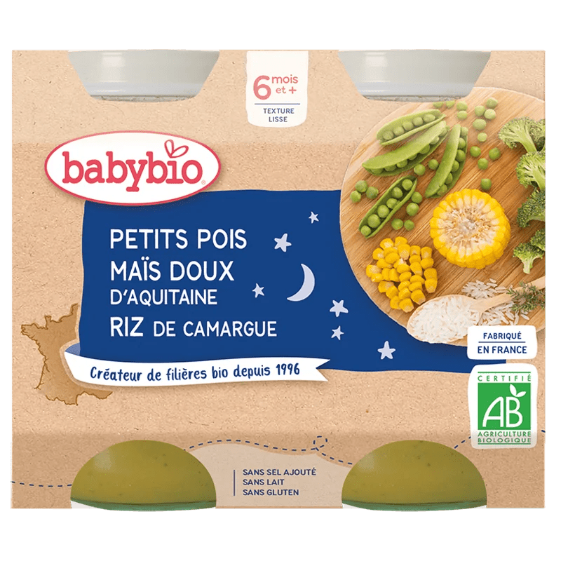 Babybio Petit Pot Petits Pois Maïs Doux d'Aquitaine Riz de Camargue