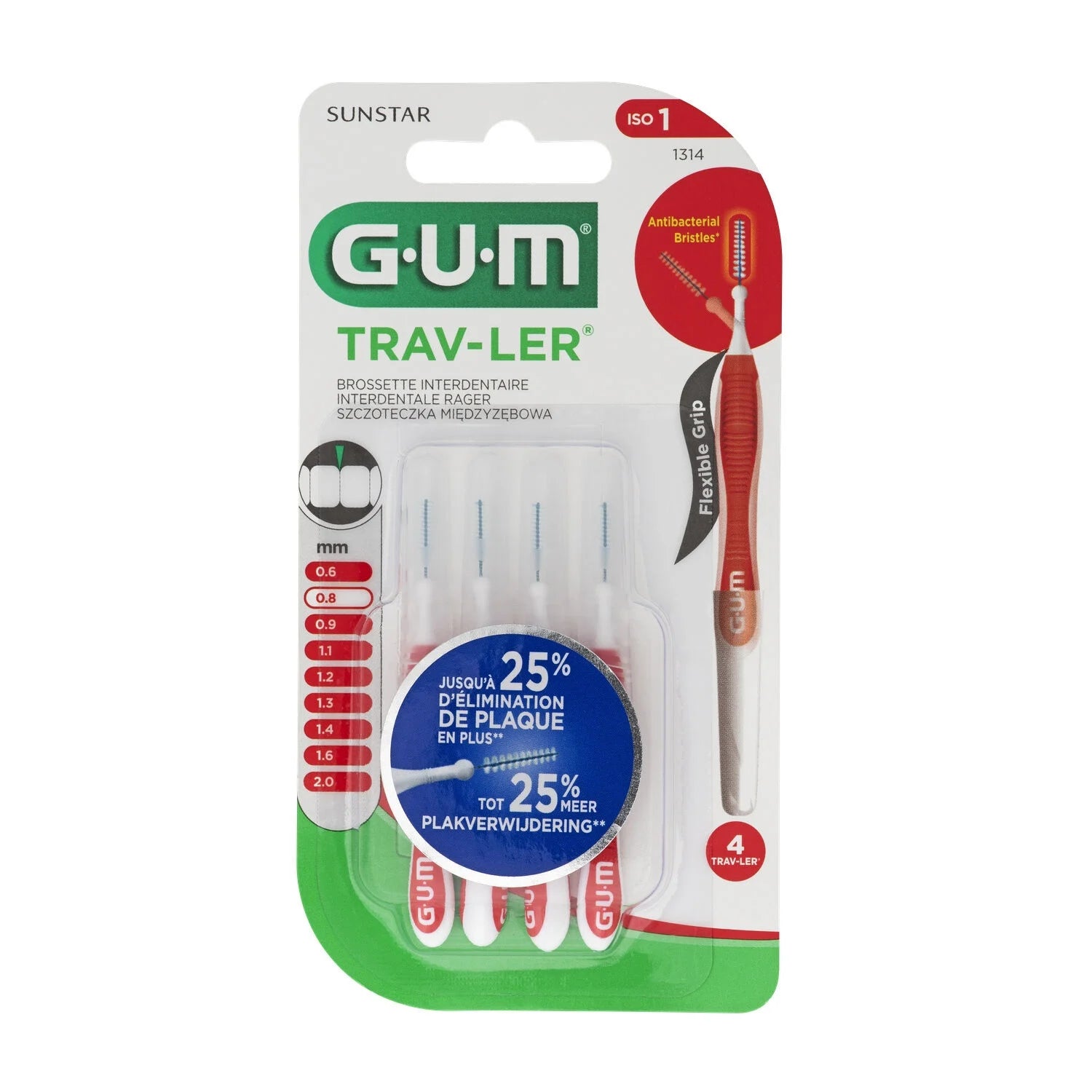 GUM Brossettes Interdentaires Trav-Ler 0.8 mm - Pack de 4