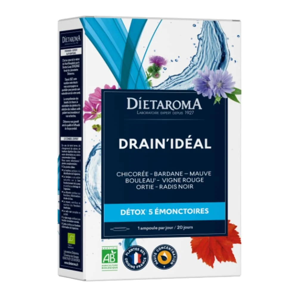 Dietaroma Drain Ideal Detox 5 Emonctoires Ampoules Haute Concentration Bio 20u
