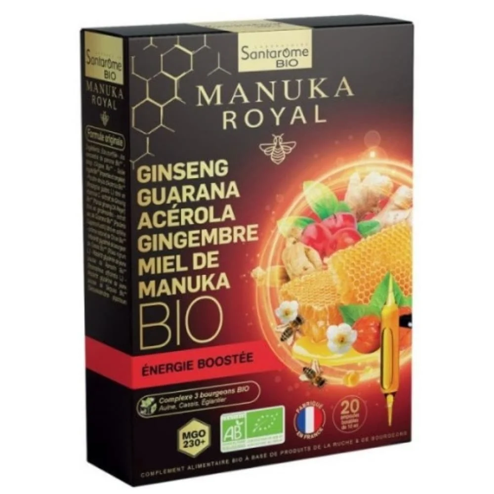 Santarome Bio Manuka Royal Ginseng Guarana Acerola Gingembre Et Miel De Manuka Energie Boostee Ampoules 20u