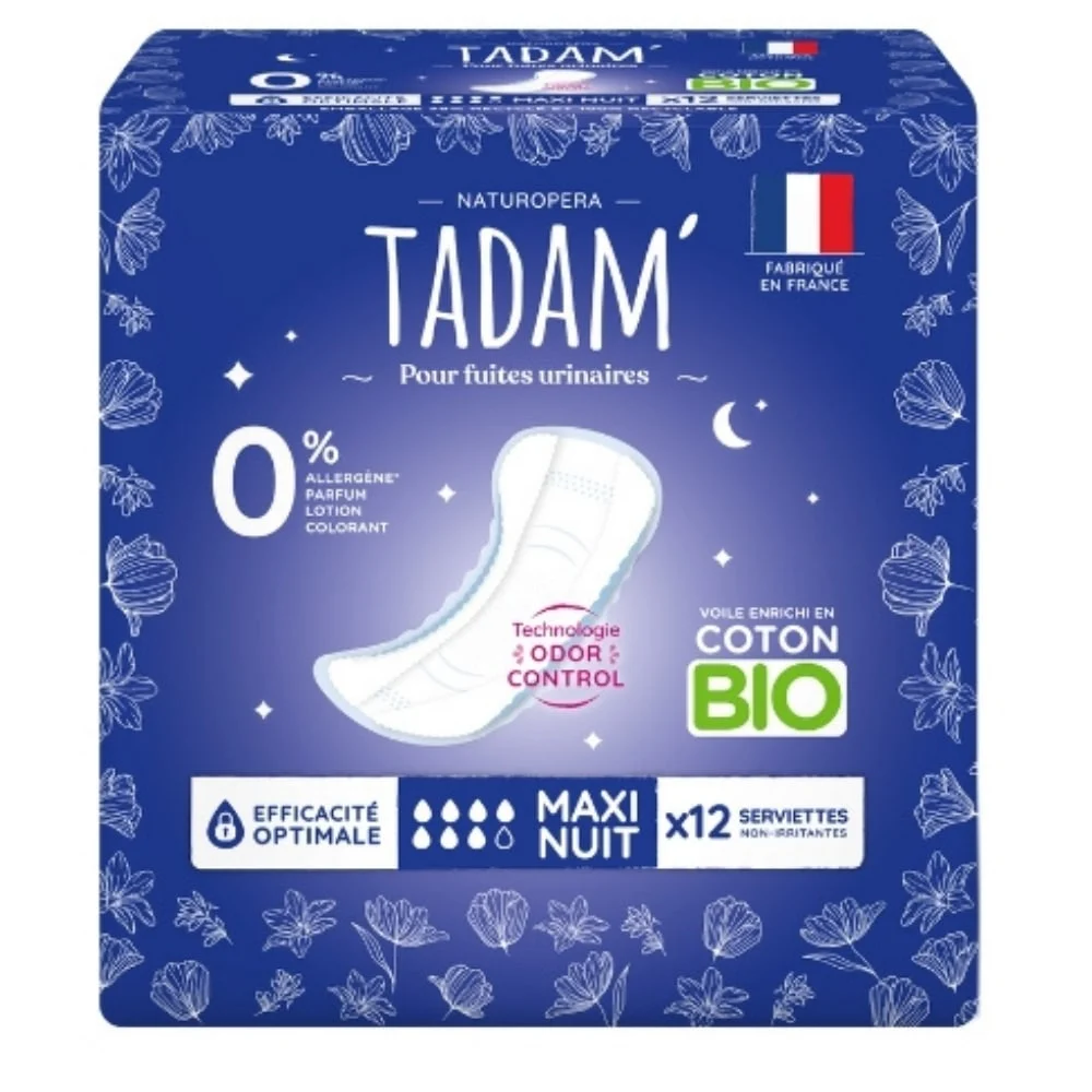 Tadam Serviettes Non Irritantes Fuites Urinaires Bio Maxi Nuit 12u